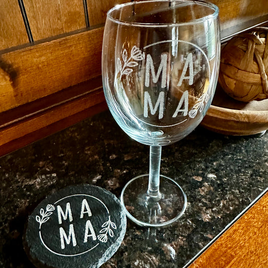 "MAMA" Wine Glass and Coaster